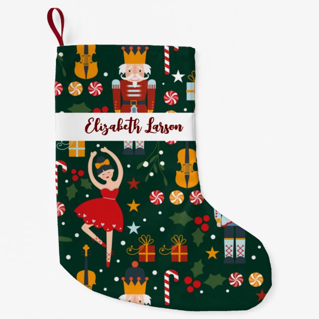 Calcetín Navideño Pequeño Nutcracker y Ballerina Cuidada Verde Feliz Navidad (Anverso)