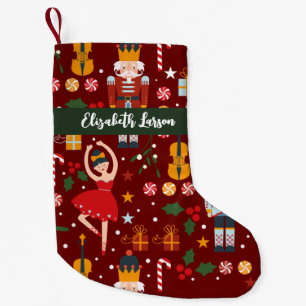 Calcetín Navideño Pequeño Nutcracker y Ballerina Cute Maroon Feliz Navidad