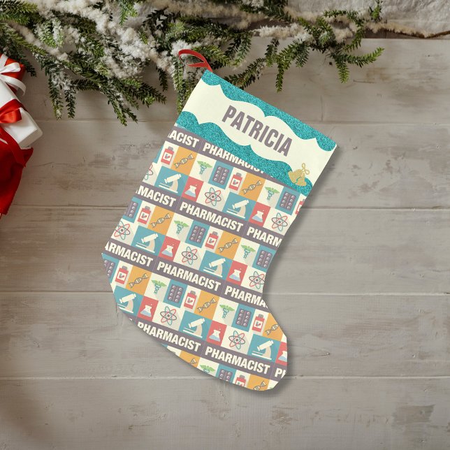Calcetín Navideño Pequeño Ocupación Farmacéutica | Purpurina Verde azulado f (Subido por el creador)