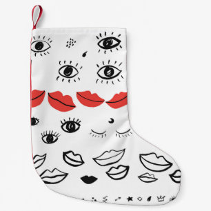 Calcetín Navideño Pequeño Ojos de cosecha, patrón de labios rojos.