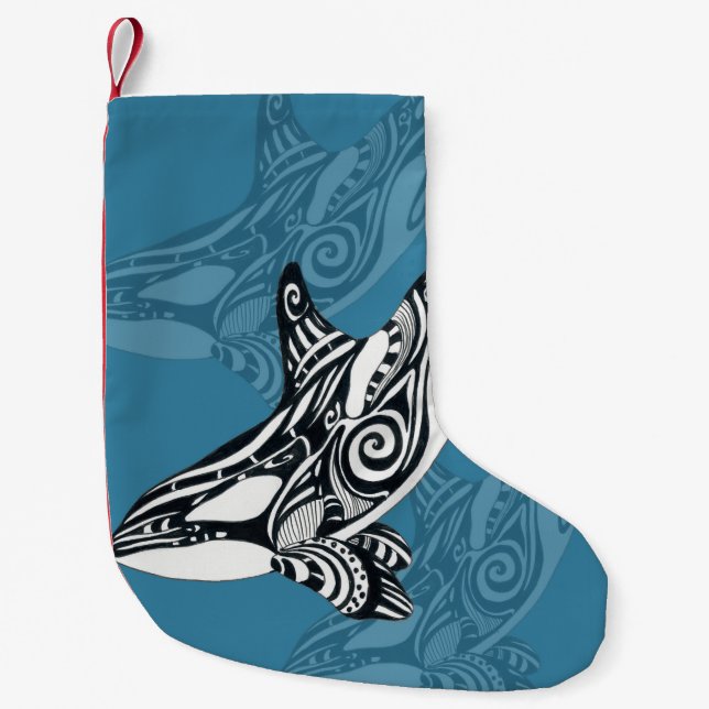 Calcetín Navideño Pequeño Orca Killer Whale Tlingit Indigo Blue ink (Anverso)