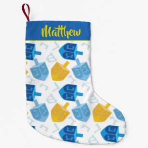 Calcetín Navideño Pequeño Oro azul y diversión blanca de Jánuca Dreidel