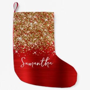 Calcetín Navideño Pequeño Oro Brillo Rojo Glam Nombre