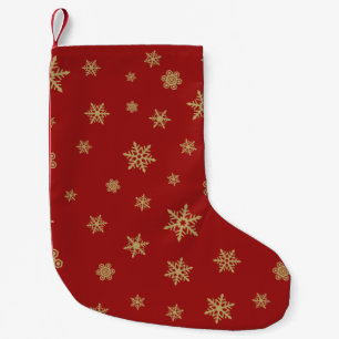 Calcetín Navideño Pequeño Oro del diseño de los copos de nieve en rojo