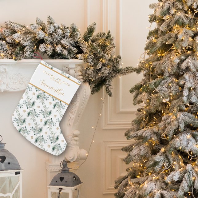 Calcetín Navideño Pequeño Oro moderno y vegetación de invierno Navidades rel (Modern religious Christmas stocking with Bible verse, gold calligraphy script and winter greenery)