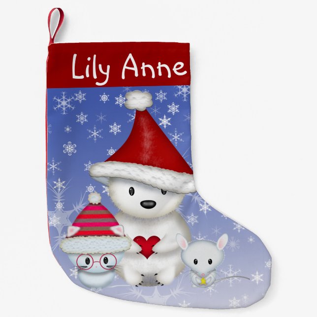 Calcetín Navideño Pequeño Oso Polar, Gatito y Ratón Personalizados (Anverso)