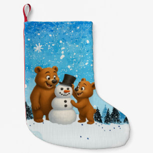 Calcetín Navideño Pequeño osos lindos construyendo un muñeco de nieve