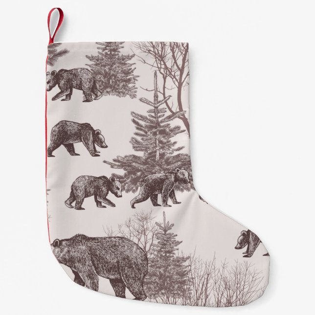 Calcetín Navideño Pequeño Paisaje con osos, costillas, árboles de invierno y (Anverso)