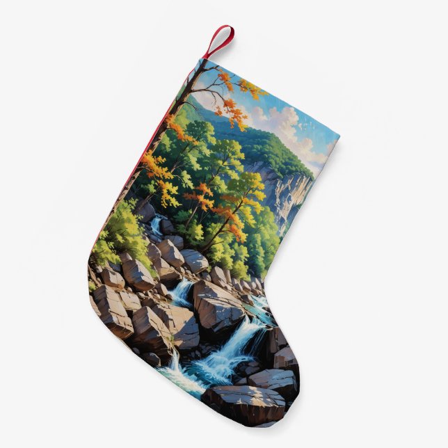 Calcetín Navideño Pequeño Paisaje de la cascada de Serene Mountain (Frente (Colgado))