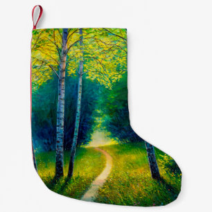 Calcetín Navideño Pequeño Paisaje forestal de pintura petrolera, hermosa vía