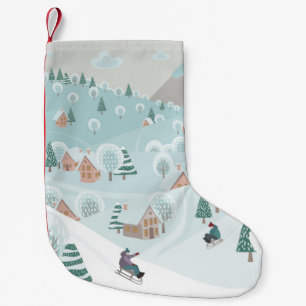 Calcetín Navideño Pequeño Paisaje invernal con nieve, árboles y niños en 