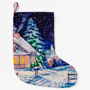 Calcetín Navideño Pequeño Paisaje invernal nevado. Casa de campo. NAVIDADES