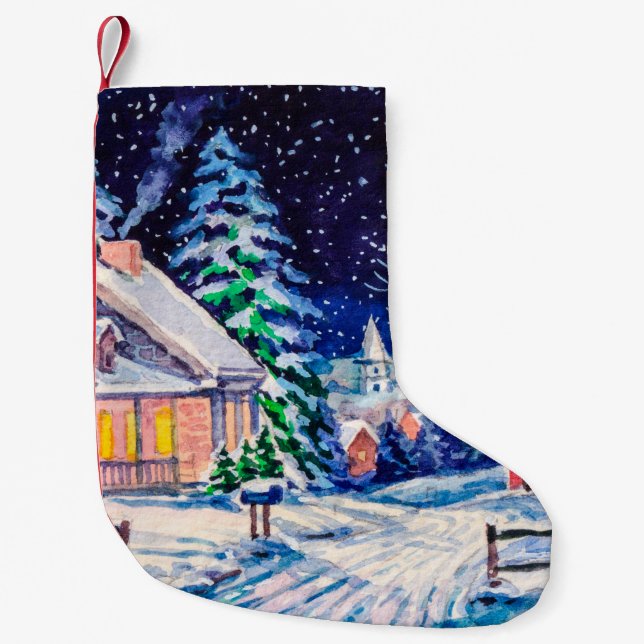 Calcetín Navideño Pequeño Paisaje invernal nevado. Casa de campo. NAVIDADES  (Anverso)