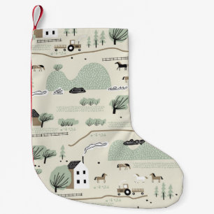 Calcetín Navideño Pequeño Paisaje nórdico: Patrón de árboles de casas colori