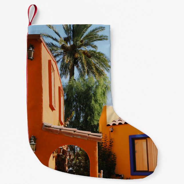 Calcetín Navideño Pequeño Palmera verde al lado de un edificio de hormigón m (Anverso)