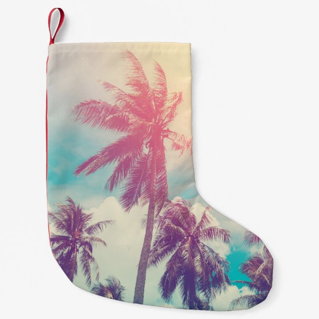 Calcetín Navideño Pequeño Palmeras de silueta, abstracto de puesta de sol. (Anverso)