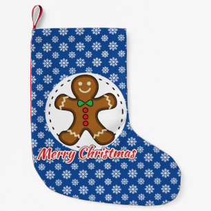 Calcetín Navideño Pequeño Pan de jengibre - Patrón de copos de nieve azules