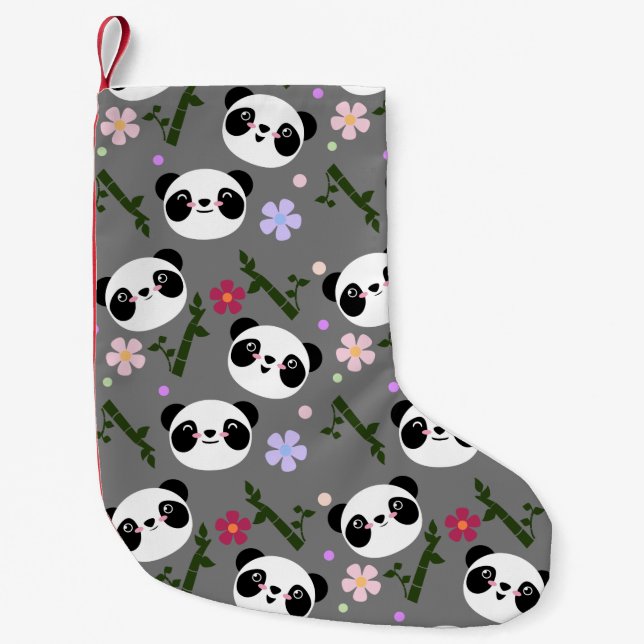 Calcetín Navideño Pequeño Panda de Kawaii en gris (Anverso)
