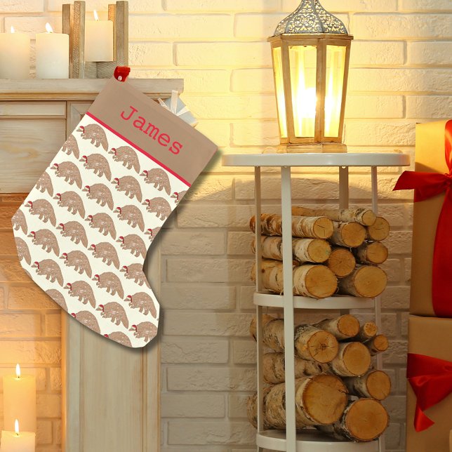 Calcetín Navideño Pequeño Pangolin en peligro de extinción (Christmas pangolin wearing a Santa hat pattern personalized name holiday stocking)