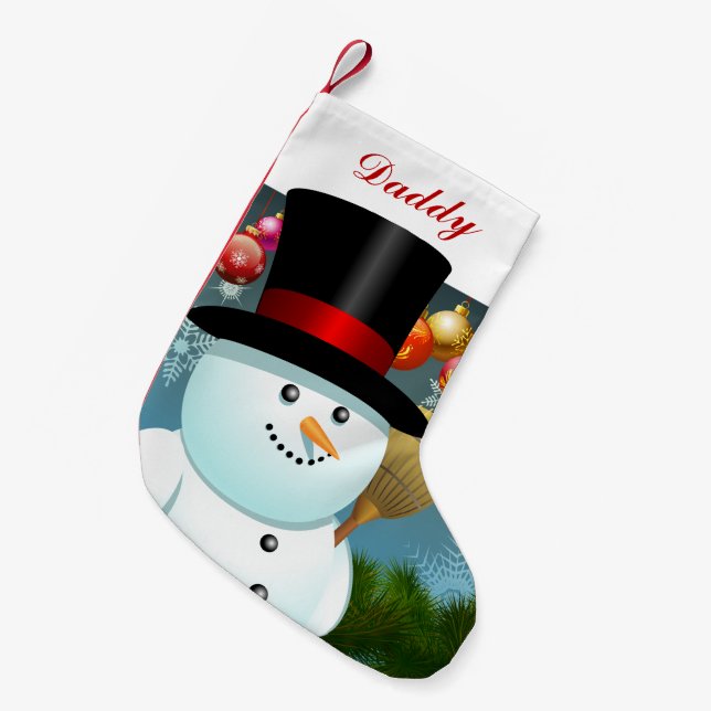 Calcetín Navideño Pequeño Papá divertido del muñeco de nieve con el sombrero (Frente (Colgado))