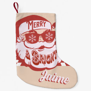 Calcetín Navideño Pequeño Papá Noel Divertido Retro Rojo Rosa Navidad