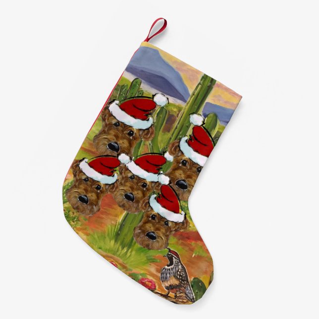 Calcetín Navideño Pequeño Papás Noel Airedale (Frente (Colgado))