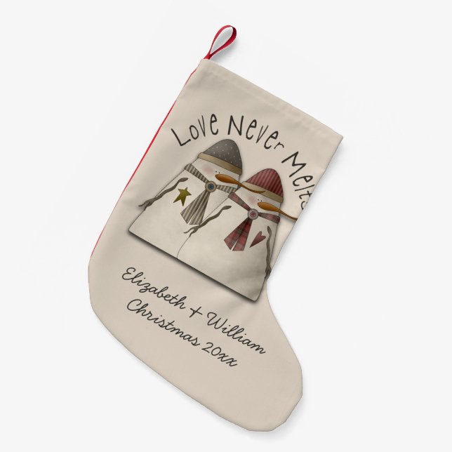 Calcetín Navideño Pequeño Pareja de nieve personalizada (Frente (Colgado))