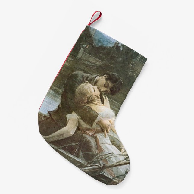 Calcetín Navideño Pequeño Pareja joven enamorada (Beso romántico en barco) (Frente (Colgado))