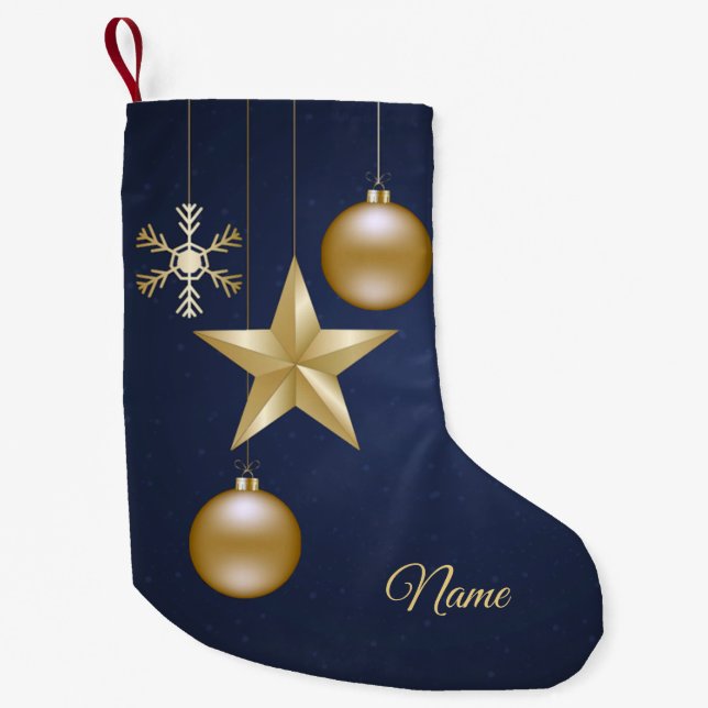 Calcetín Navideño Pequeño Party Golden Ornaments Navy Blue Elegant (Anverso)