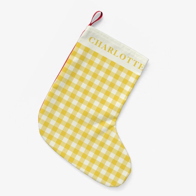 Calcetín Navideño Pequeño Pastel Amarillo Gingham Coquette Comprobar Nombre  (Frente (Colgado))