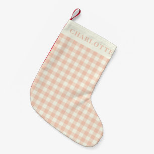 Calcetín Navideño Pequeño Pastel Peach Gingham Buffalo Check Nombre de la pl