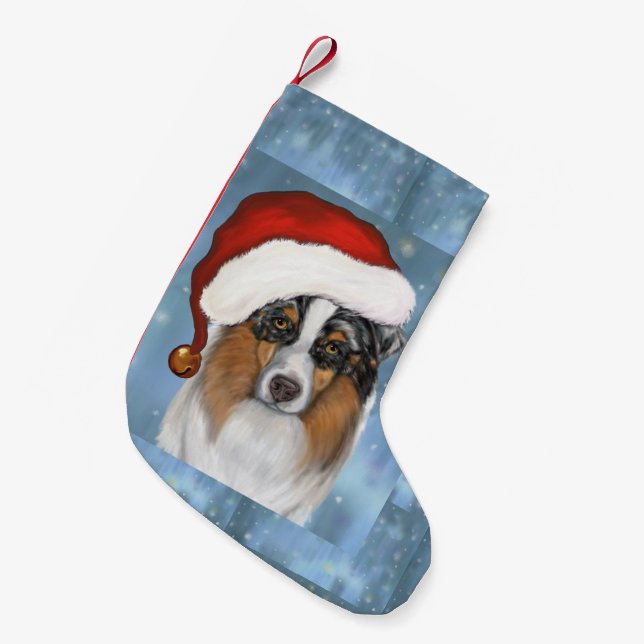 Calcetín Navideño Pequeño Pastor australiano Santa (Frente (Colgado))