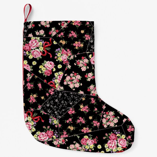 Calcetín Navideño Pequeño Patchwork floral: diseño sin Bonitos. (Anverso)