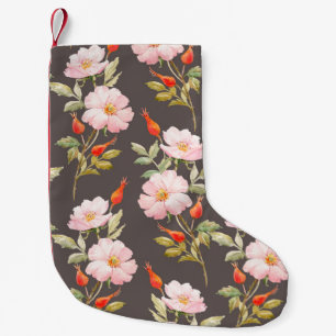 Calcetín Navideño Pequeño Patrón acuarela floral de perro rosa y berro rojo