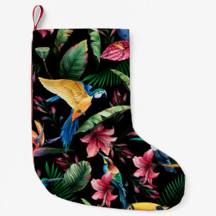 Calcetín Navideño Pequeño Patrón acuarela sin costura, aves tropicales, touc