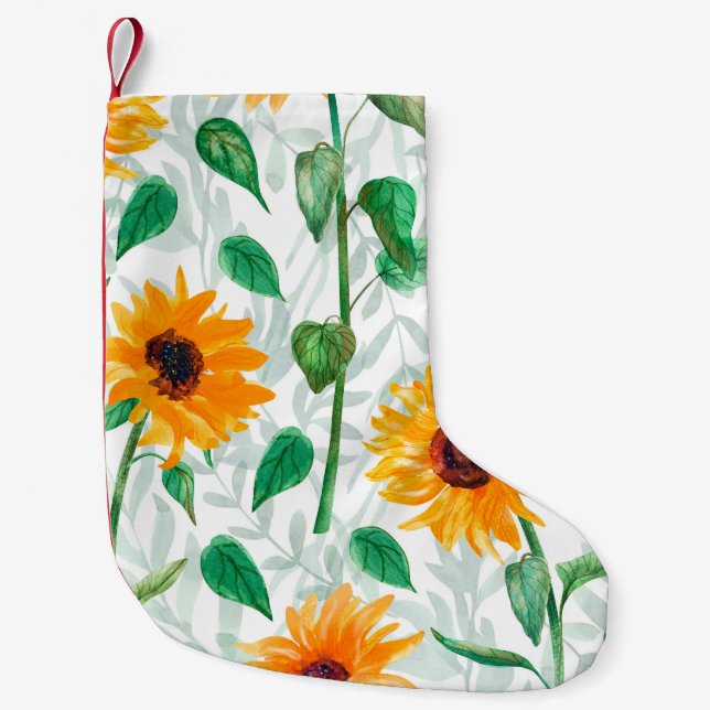 Calcetín Navideño Pequeño Patrón acuarela sin fisuras con girasoles (Anverso)