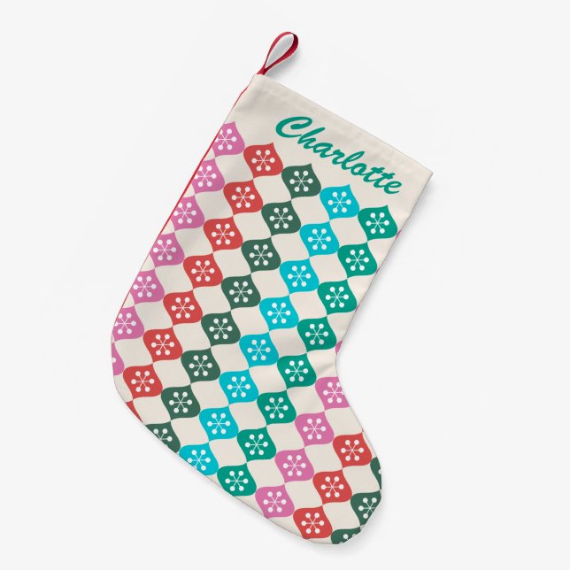 Calcetín Navideño Pequeño Patrón atómico retro mediocre personalizado (Frente (Colgado))