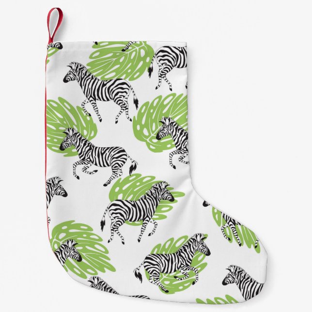 Calcetín Navideño Pequeño Patrón blanco sin foco con cebras. ilustracion (Anverso)