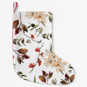 Calcetín Navideño Pequeño Patrón botánico sin foco con fondo blanco