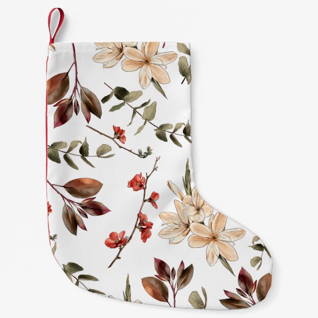 Calcetín Navideño Pequeño Patrón botánico sin foco con fondo blanco (Anverso)