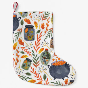 Calcetín Navideño Pequeño Patrón de acuarela con follaje otoñal.