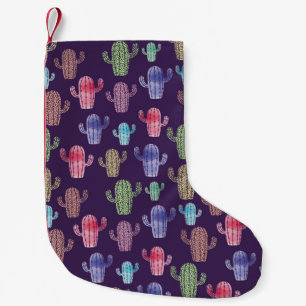 Calcetín Navideño Pequeño Patrón de acuarela de cactus de moda