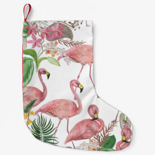 Calcetín Navideño Pequeño Patrón de acuarela de hojas tropicales de flamengo