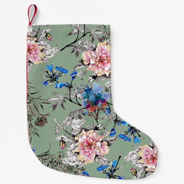 Calcetín Navideño Pequeño Patrón de acuarela floral de fondo verde. (Anverso)