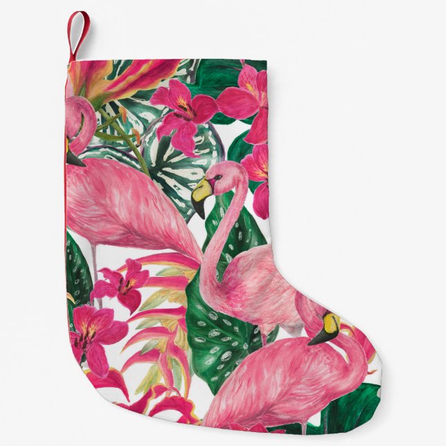 Calcetín Navideño Pequeño Patrón de acuarela sin fisuras con flamingo (Anverso)