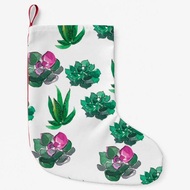 Calcetín Navideño Pequeño Patrón de acuarela sin mar con suculentos (Anverso)