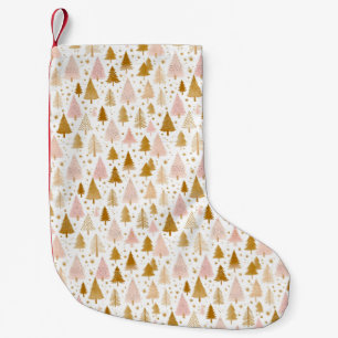 Calcetín Navideño Pequeño Patrón de árbol rosa y dorado moderno