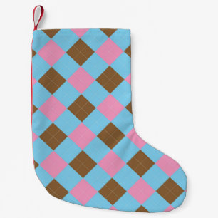 Calcetín Navideño Pequeño Patrón de argyle azul y rosa