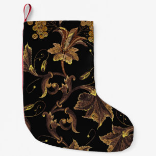 Calcetín Navideño Pequeño Patrón de bordado floral dorado renacentista