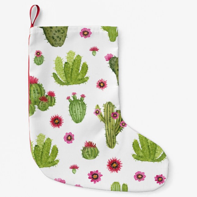 Calcetín Navideño Pequeño Patrón de cactus verde pintado a mano (Anverso)